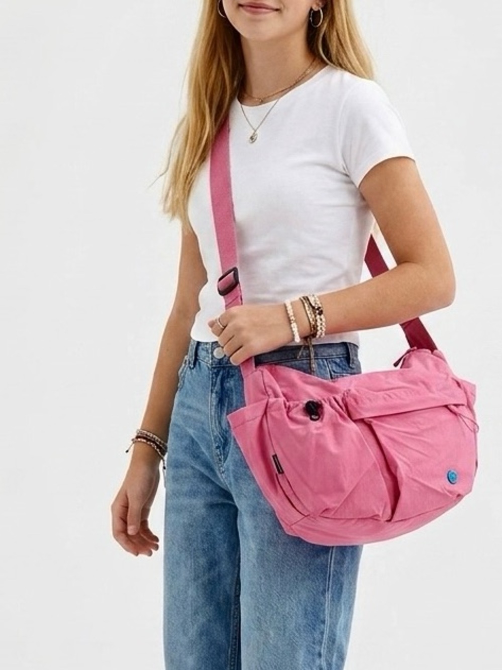 Ultra-Light Dopamine Pink Multi-Pocket Crossbody Bag w/ Bottle Holder